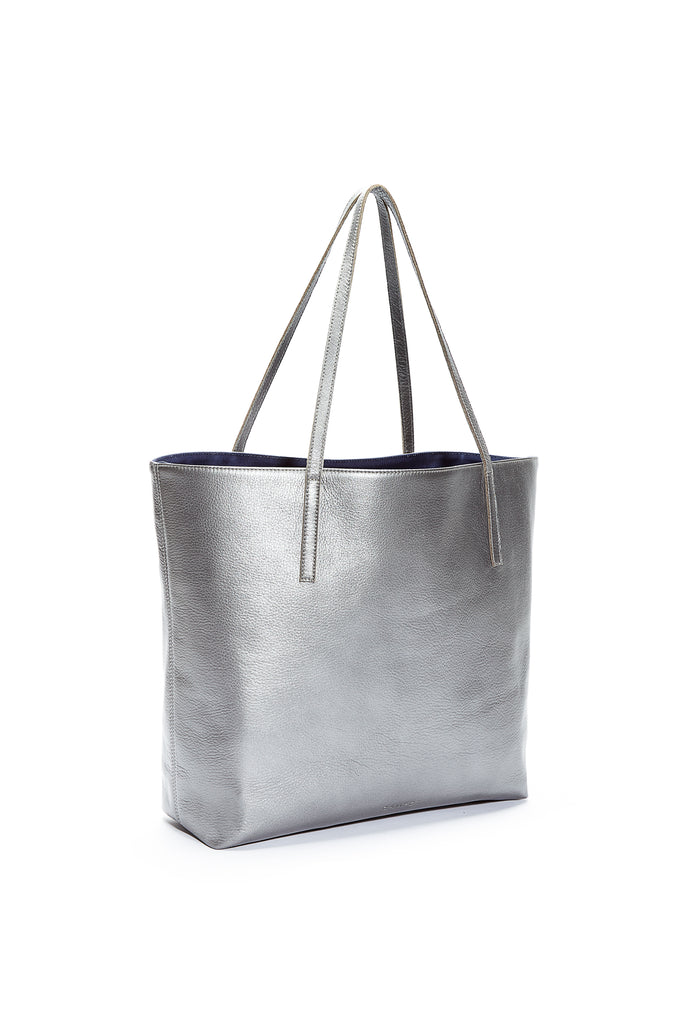 Real Leather Tote Bag | Basic Open Leather Tote Open / Silver